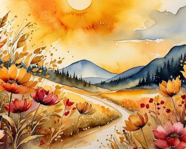 Vibrant Watercolor Landscape with Autumn Flowers and Hills