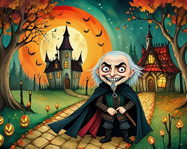 Cartoonish Spooky Landscape with Full Moon and Jack-o'-lanterns