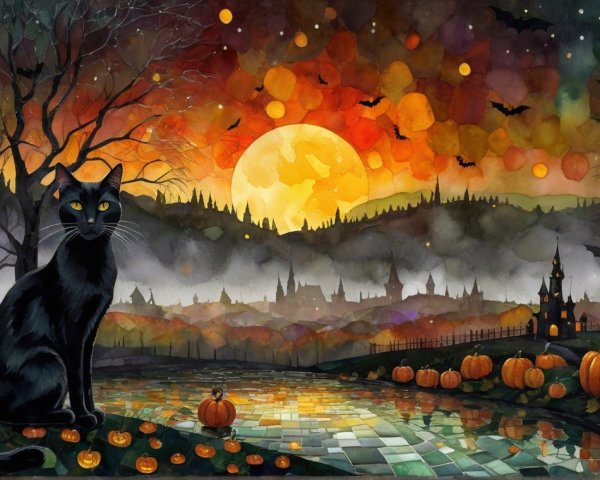 Autumn Landscape with Black Cat and Halloween Elements