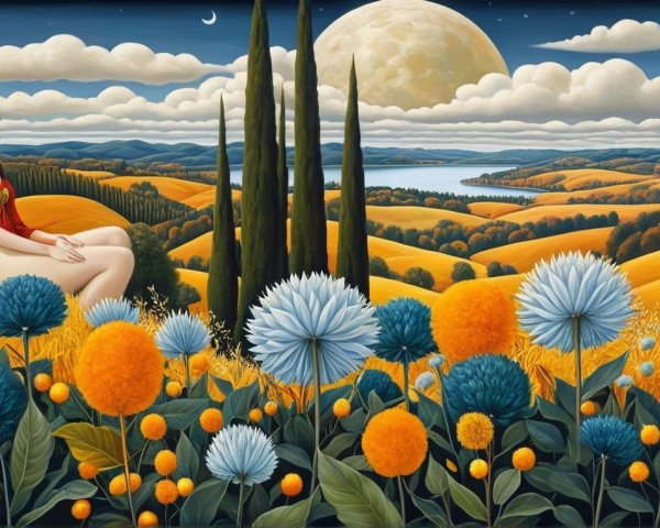Serene Landscape with Rolling Hills and Vibrant Flowers
