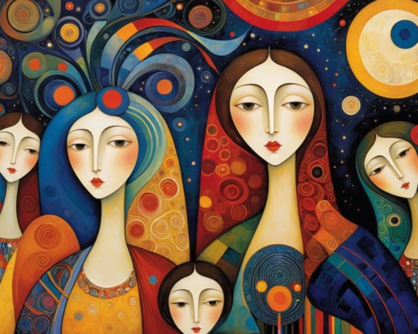Stylized Women with Vibrant Colors and Cosmic Background