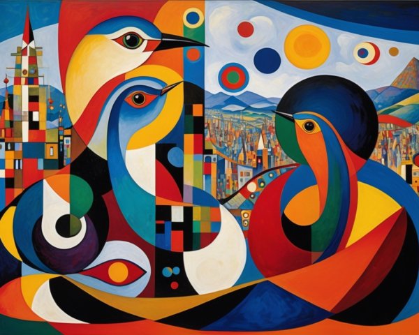 Stylized Birds in Abstract Colorful Landscape Art