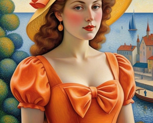 Woman in Orange Dress at Serene Seaside Scene
