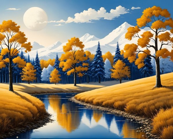 Autumn Landscape with Trees, River, and Mountains