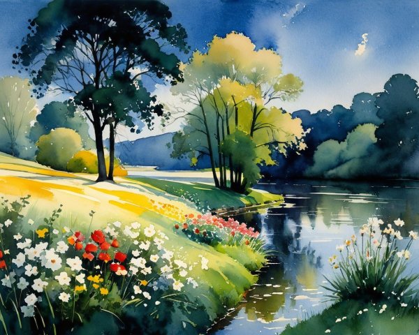 Watercolor Landscape of a Tranquil River Scene
