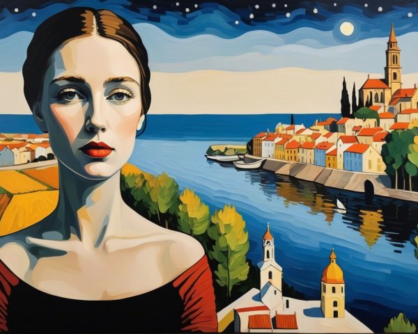 Striking Woman in Vibrant Landscape at Night