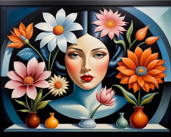 Stylized Female Face Surrounded by Vibrant Flowers