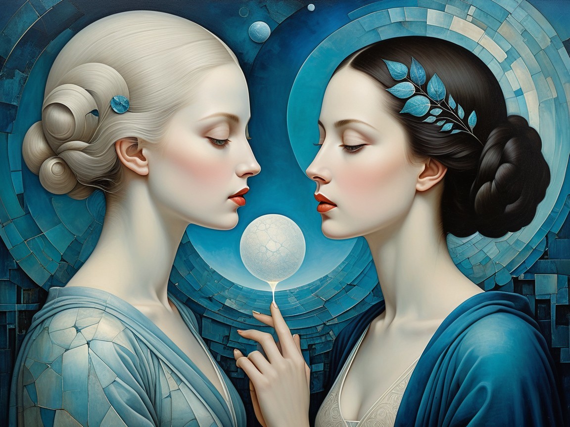 Elegant Women in Serene Blue Geometric Setting