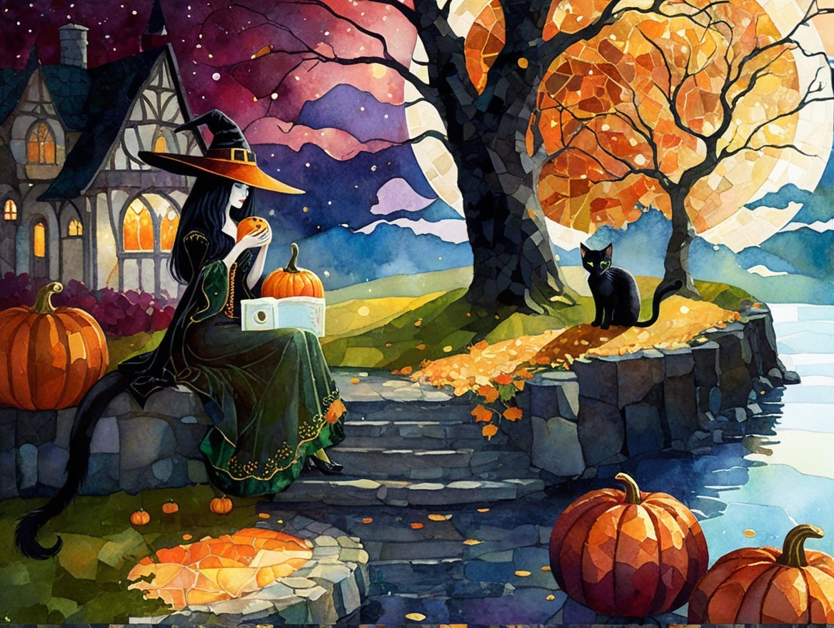 Witch Reading Letter in Autumn Landscape with Pumpkins