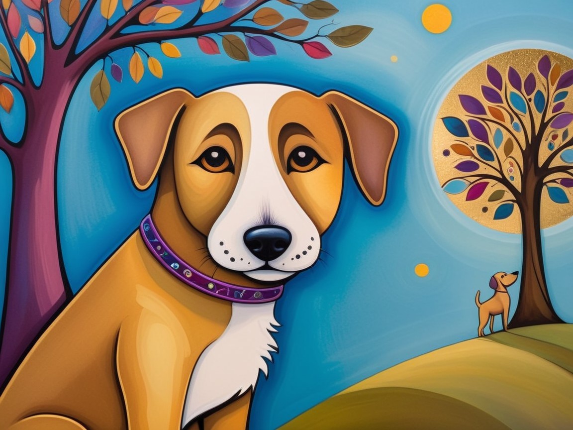 Colorful Dog with Moon and Whimsical Trees Background