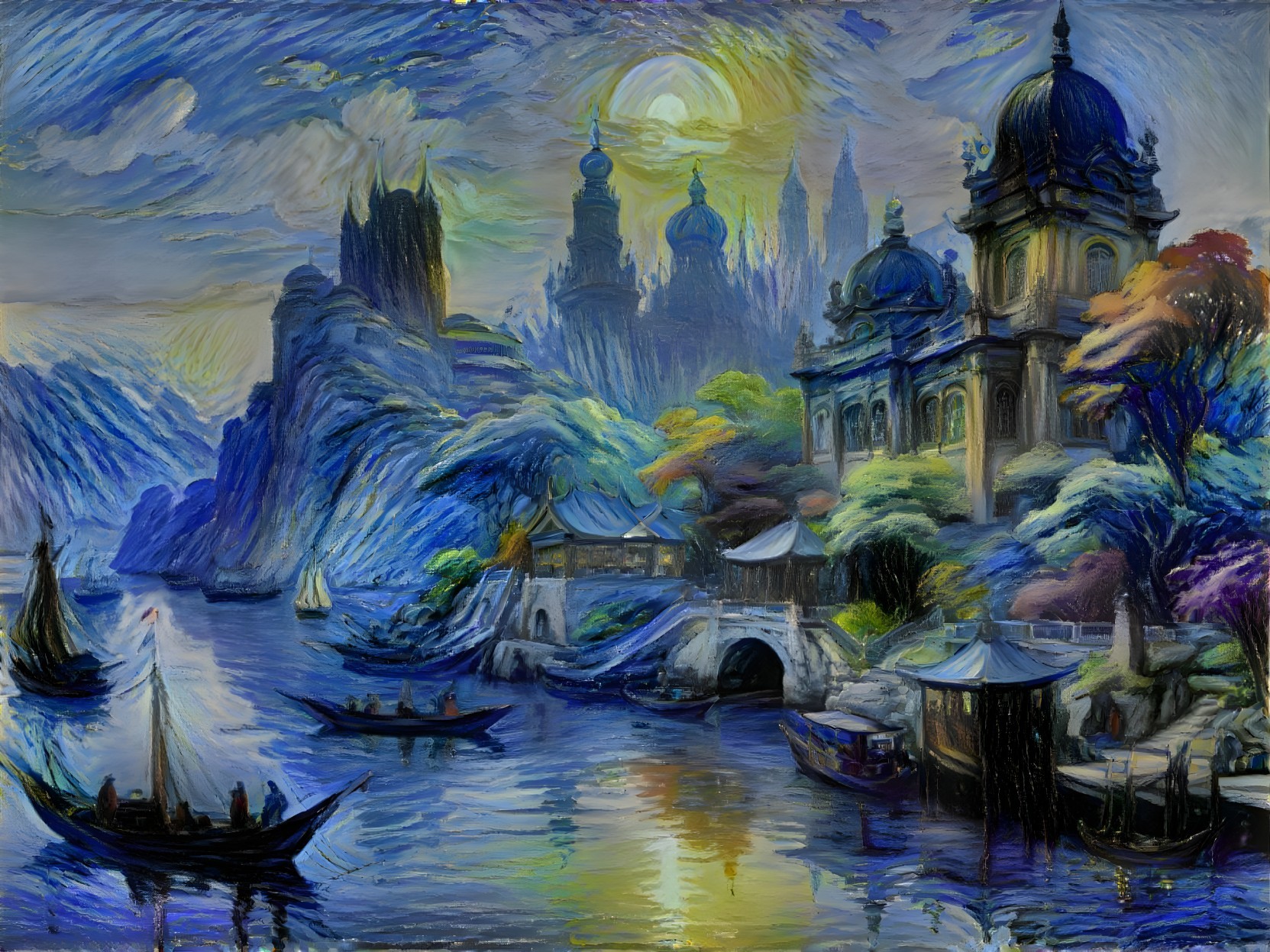 Tranquil River Landscape with Lush Trees and Towers