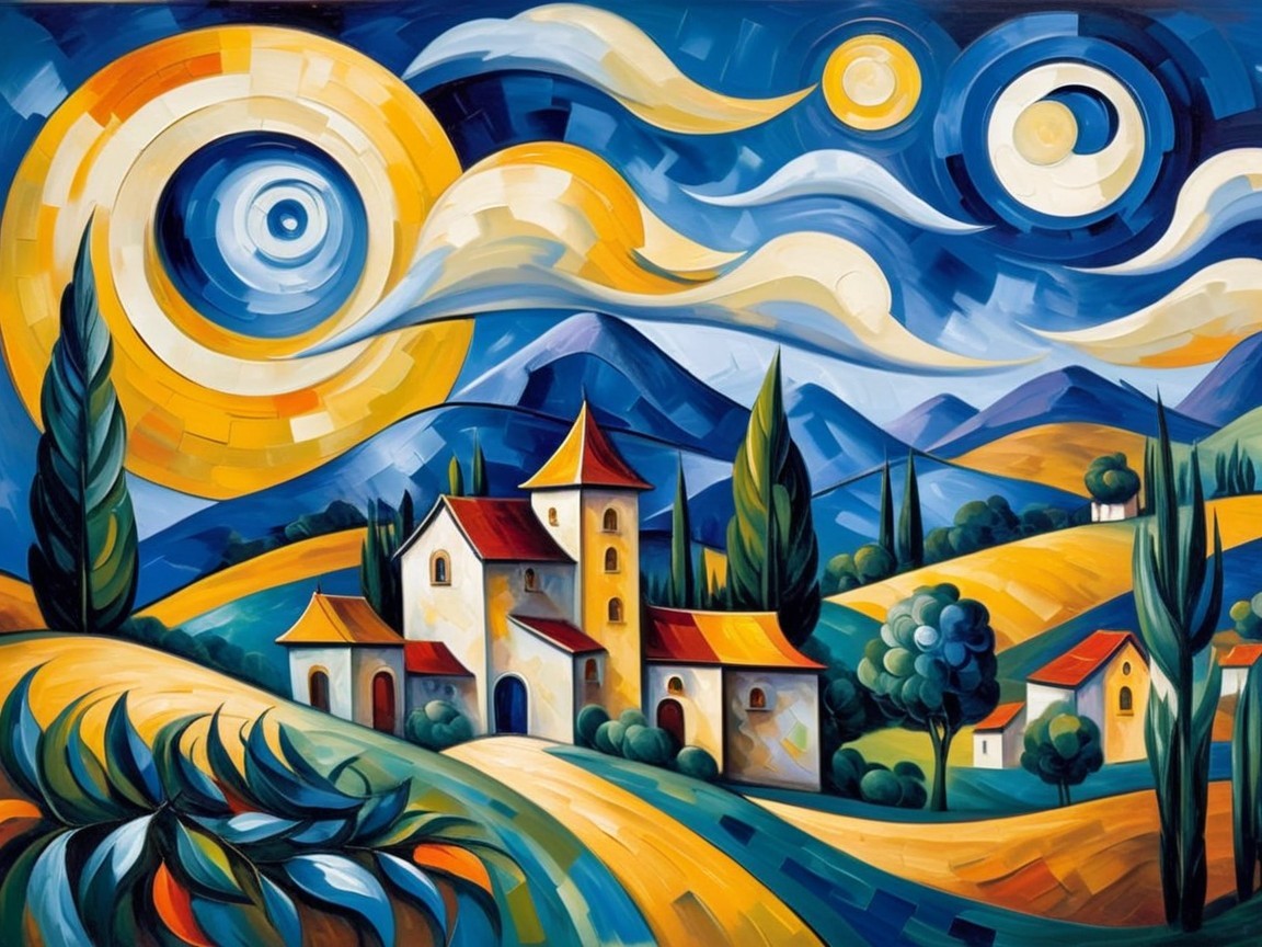 Vibrant Landscape Painting of Rolling Countryside Scene