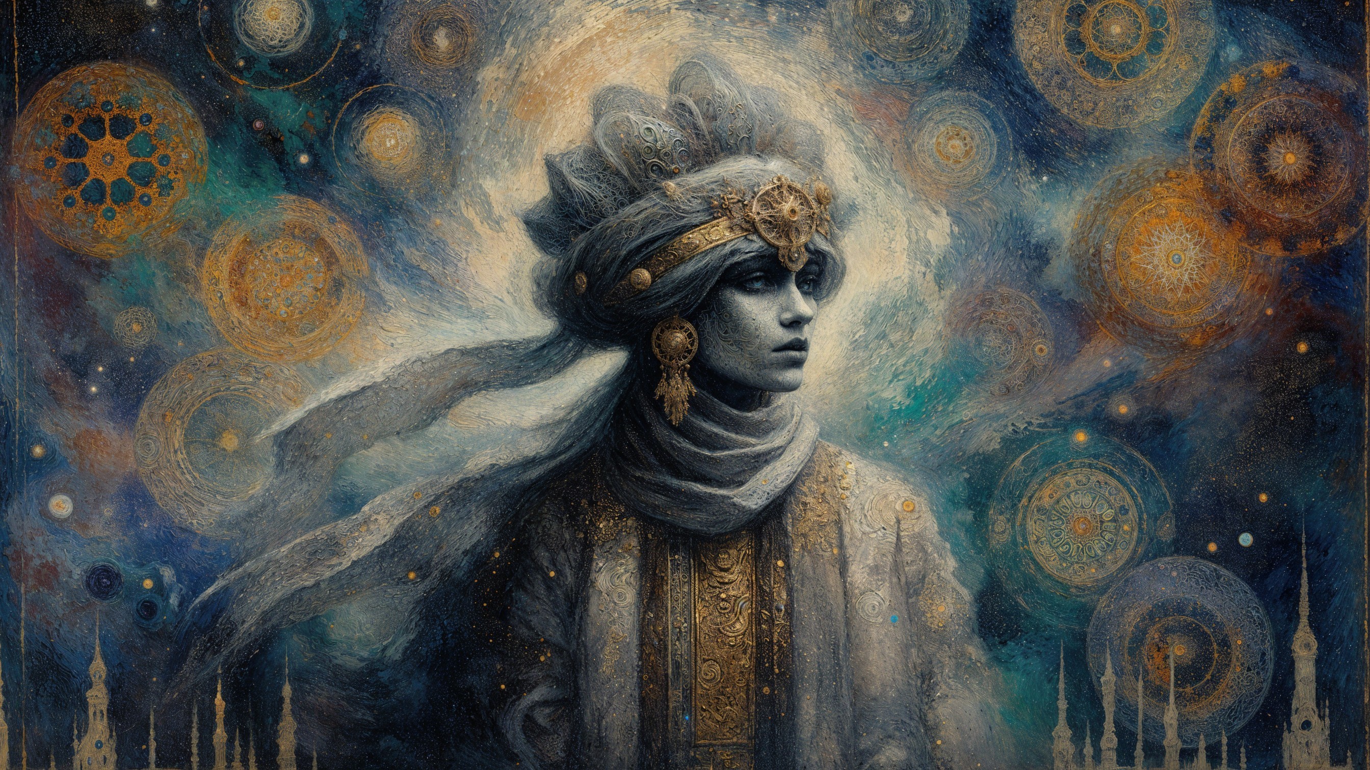 Mysterious figure in elaborate garments with cosmic backdrop
