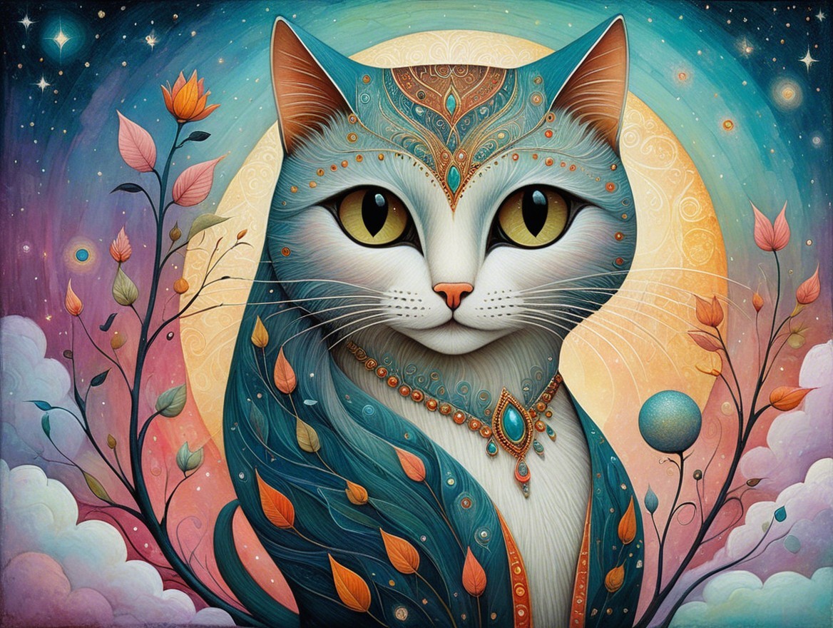 Intricate Cat Illustration with Cosmic Background