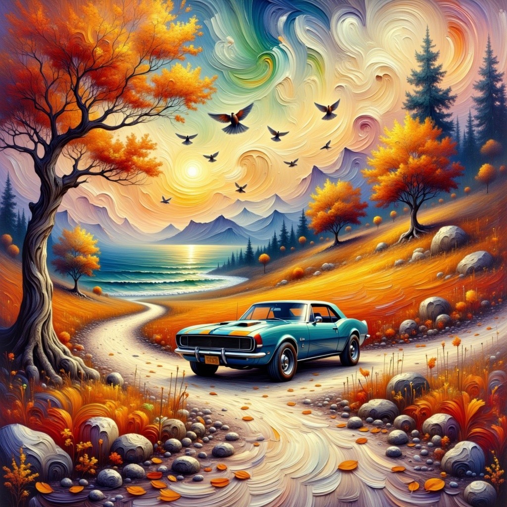 Vibrant Autumn Landscape with Classic Car and Lake