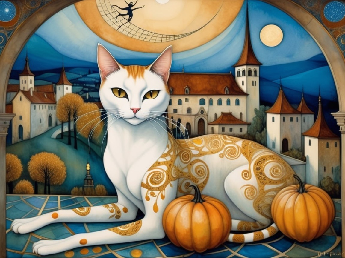 Majestic Cat in Whimsical Autumn Landscape Scene