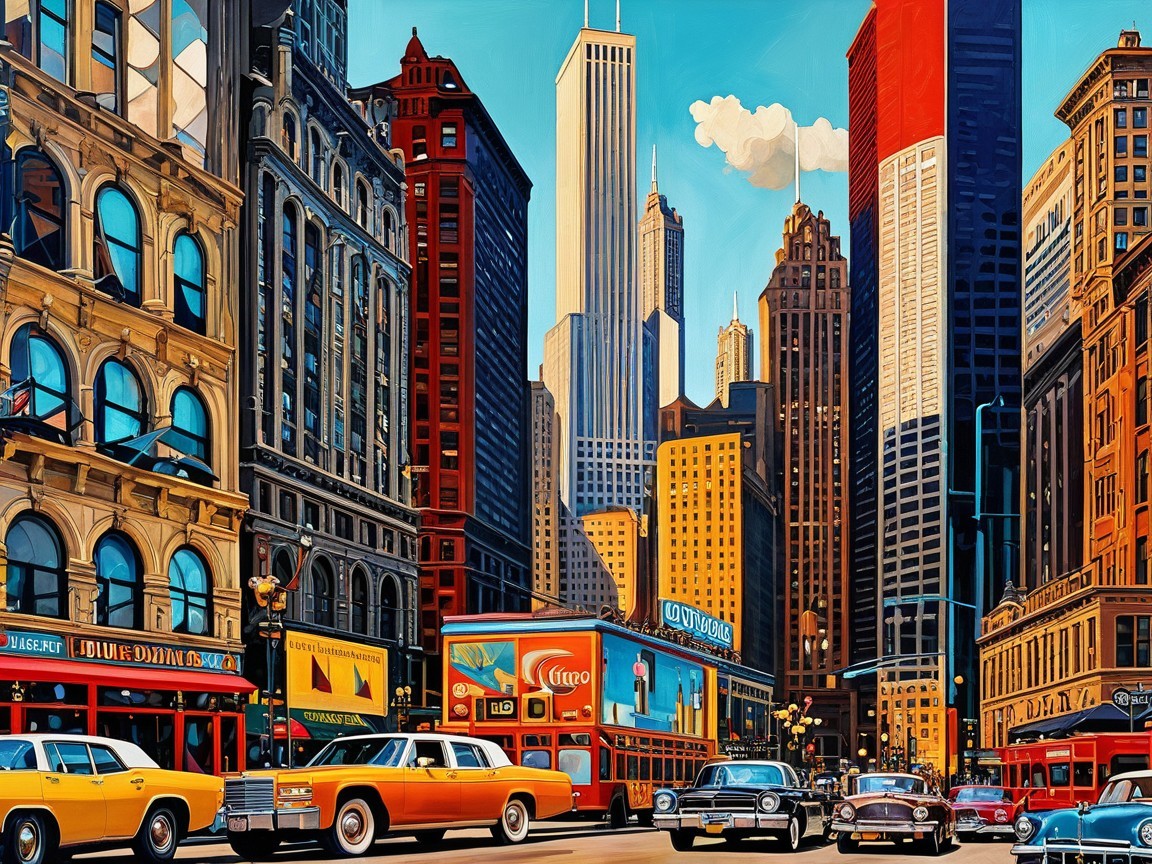 Vibrant cityscape with skyscrapers and classic cars