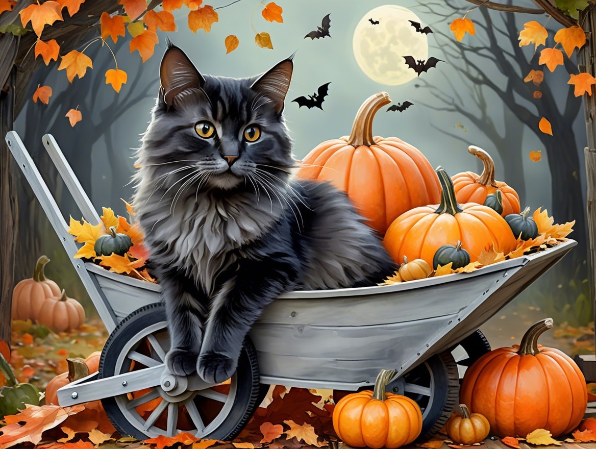 Fluffy Black Cat in Wheelbarrow with Pumpkins and Bats