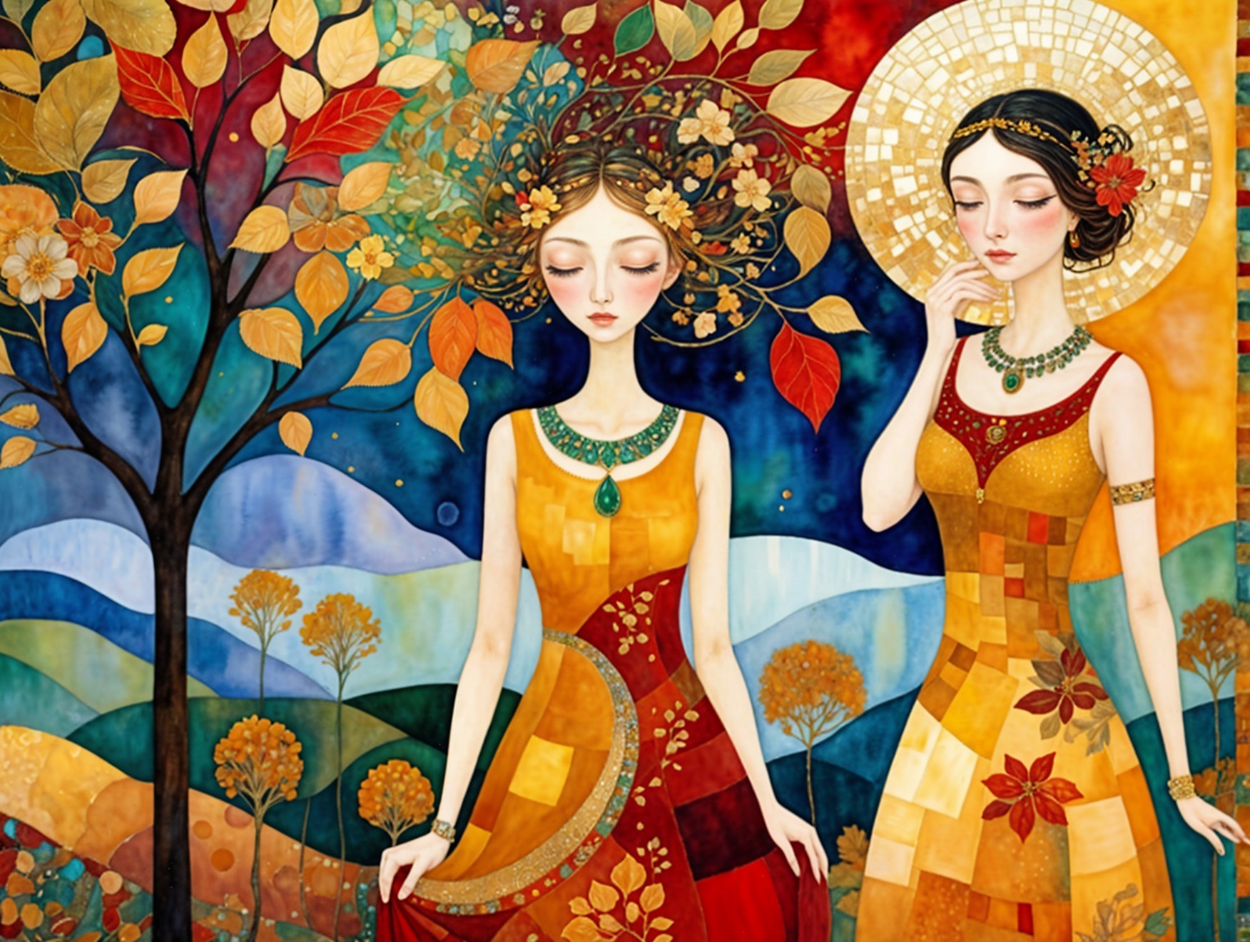 Elegant Women in Autumn Foliage with Vibrant Gowns