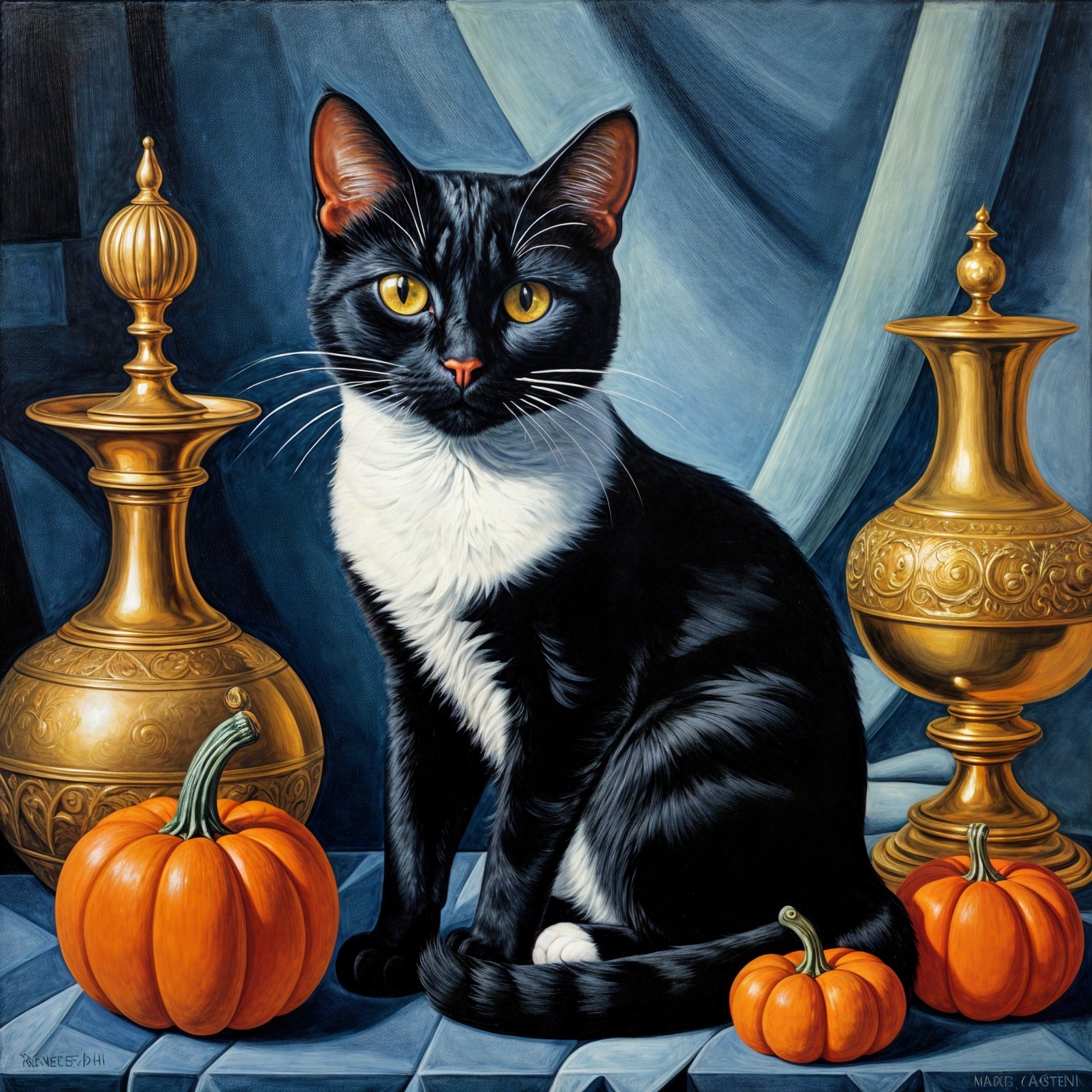 Black and White Cat Among Golden Vases and Pumpkins