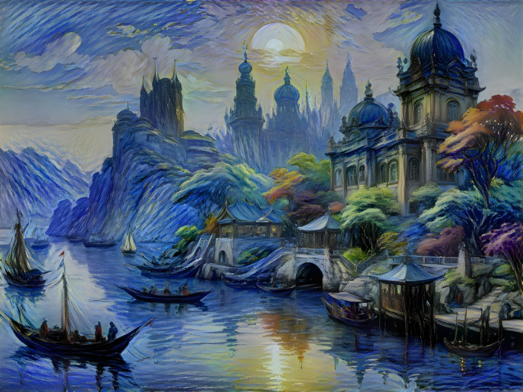 Vibrant Dreamy Landscape with Castles and Reflections