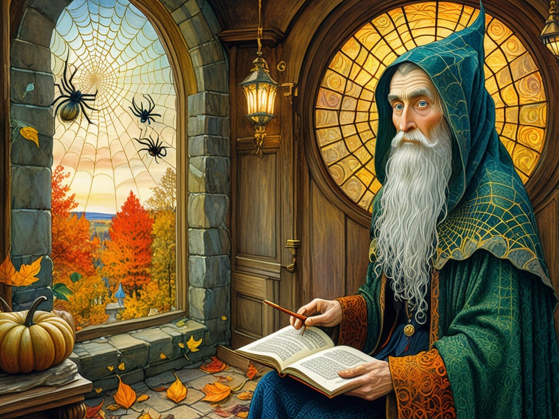 Cozy Chamber of an Ancient Wizard with Autumn Scene
