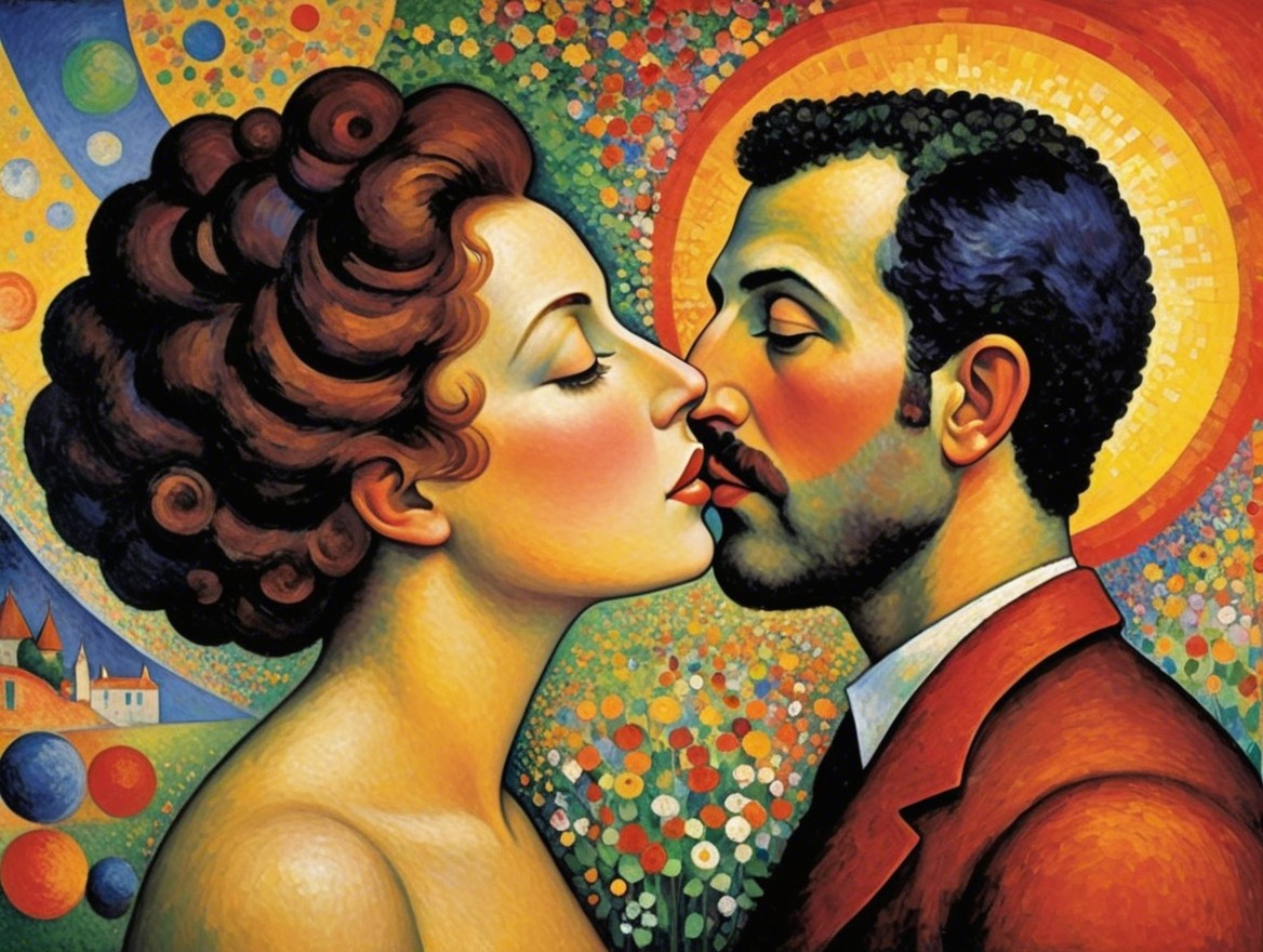 Vibrant Painting of a Couple in a Passionate Kiss