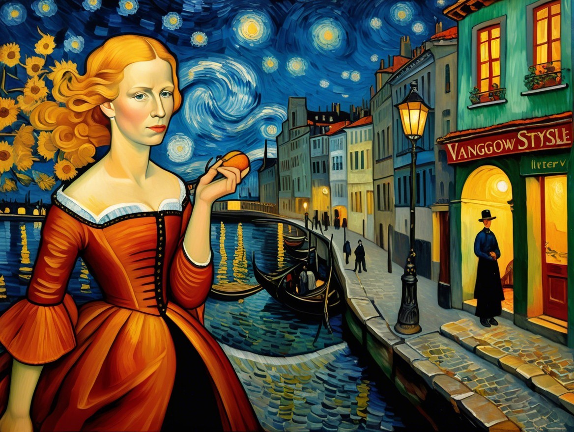 Woman in Red Dress by Canal Under Starry Sky