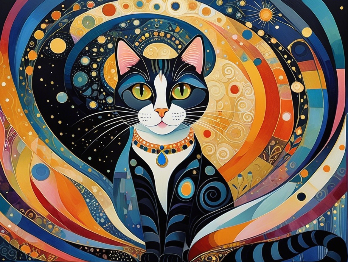 Whimsical Artwork of a Cat with Celestial Background