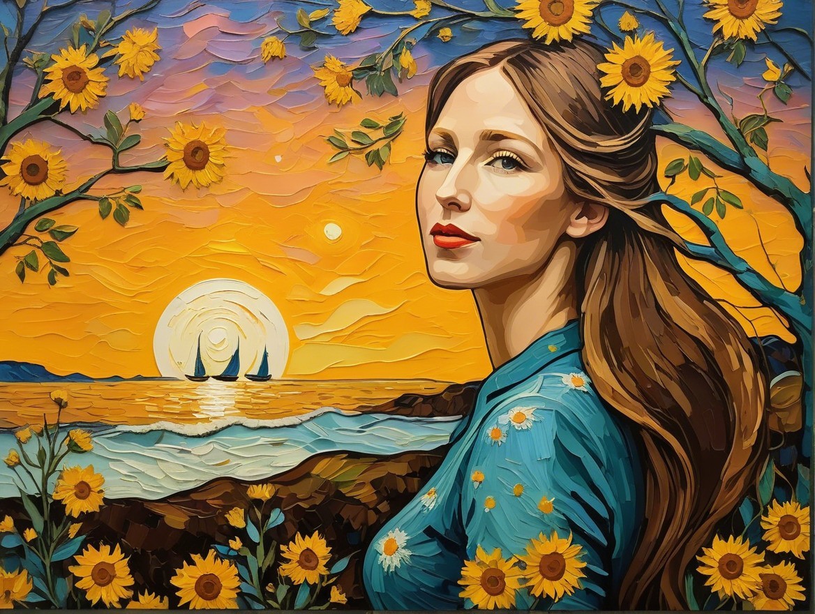 Vibrant Painting of Woman by Ocean at Sunset
