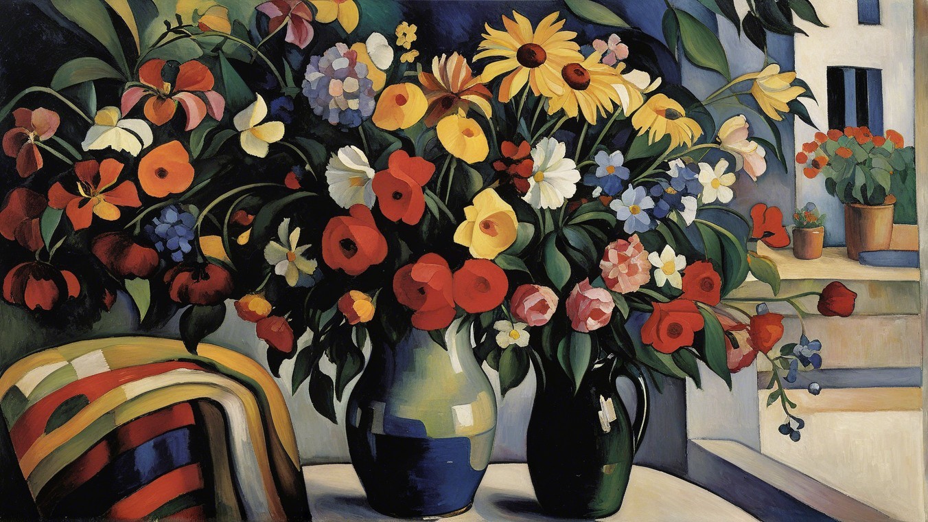 Vibrant Still Life with Colorful Flower Vases