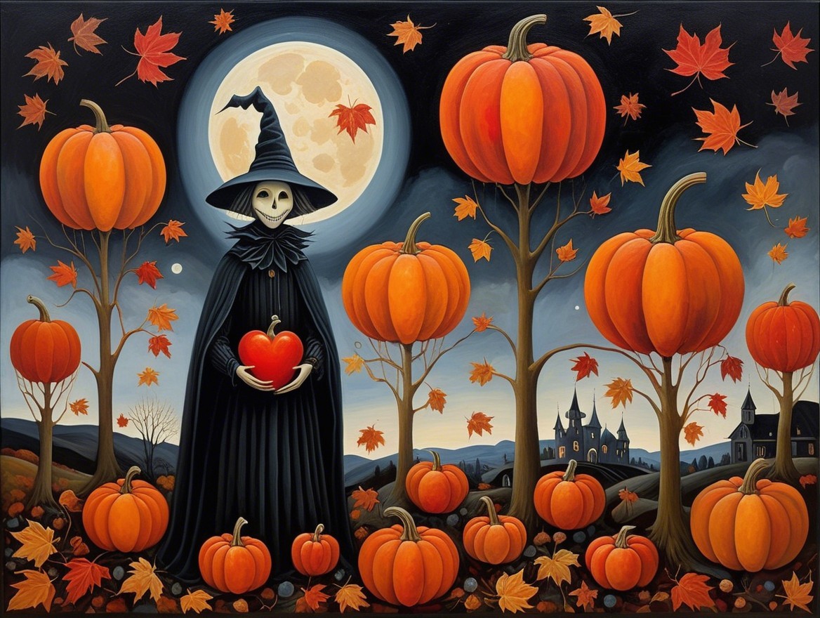 Halloween Scene with Cloaked Figure and Pumpkins