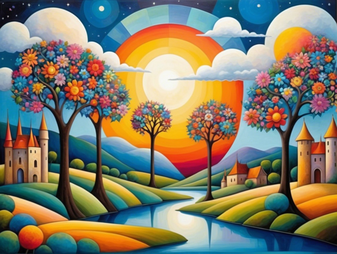 Colorful Landscape with Whimsical Trees and Castles
