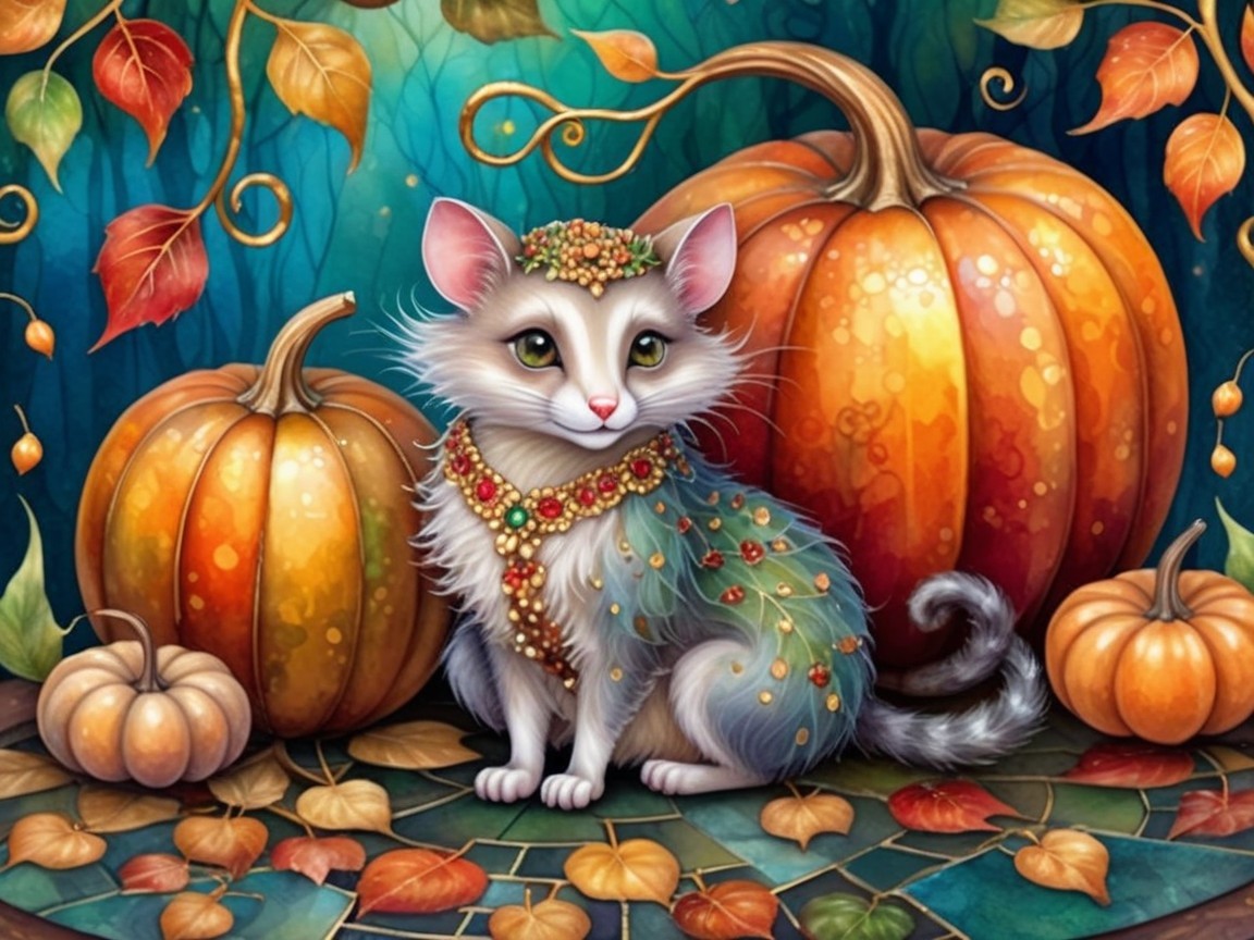 Whimsical Cat with Jeweled Collar in Autumn Setting