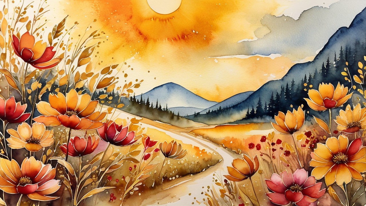 Vibrant Watercolor Landscape with Autumn Flowers and Hills
