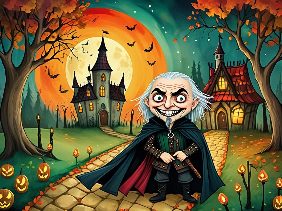 Cartoonish Spooky Landscape with Full Moon and Jack-o'-lanterns