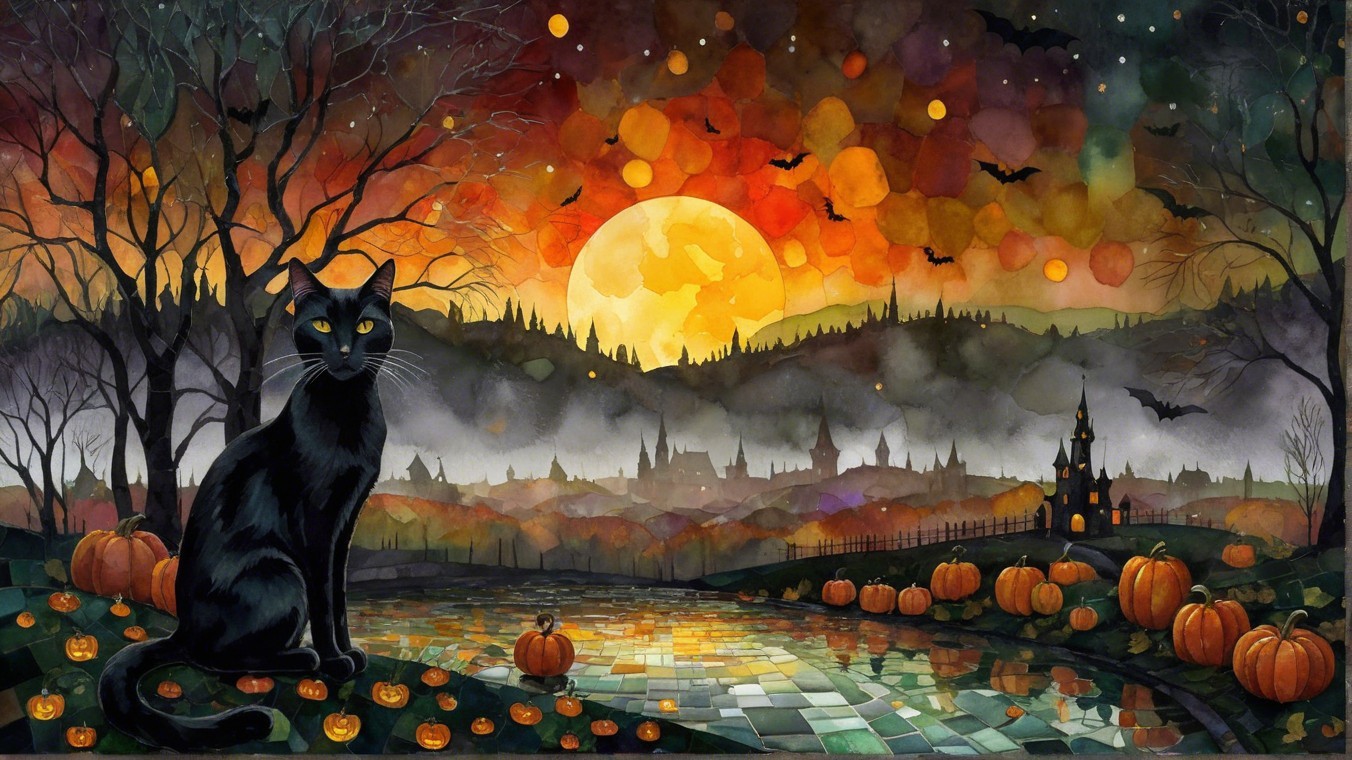 Autumn Landscape with Black Cat and Halloween Elements