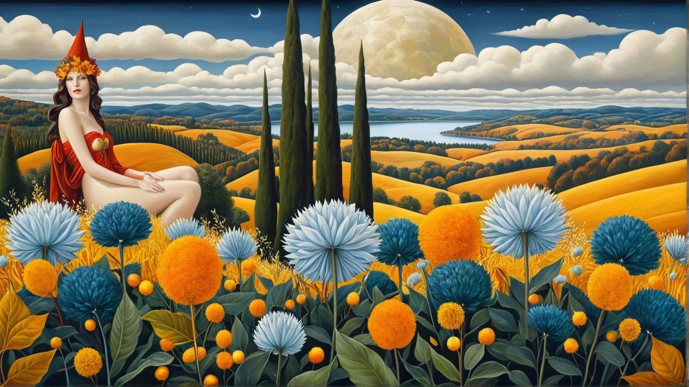 Serene Landscape with Rolling Hills and Vibrant Flowers