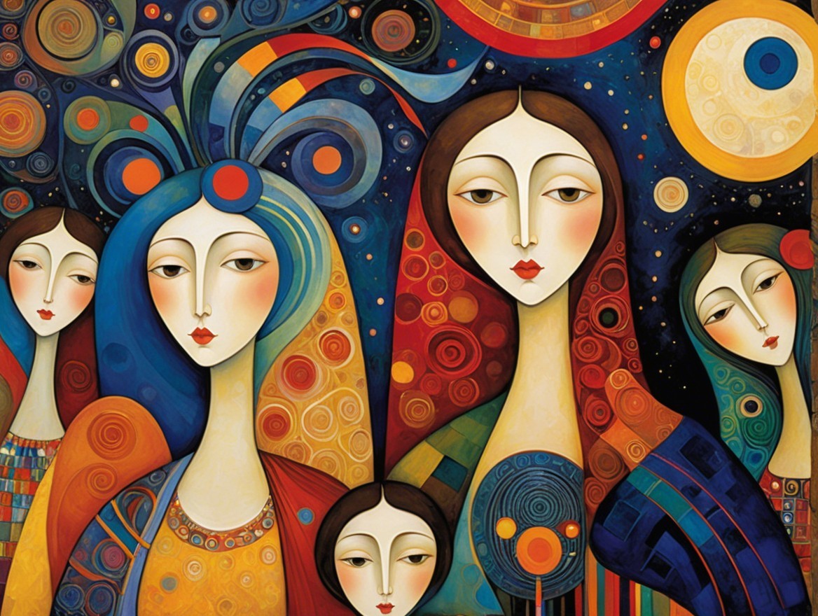 Stylized Women with Vibrant Colors and Cosmic Background
