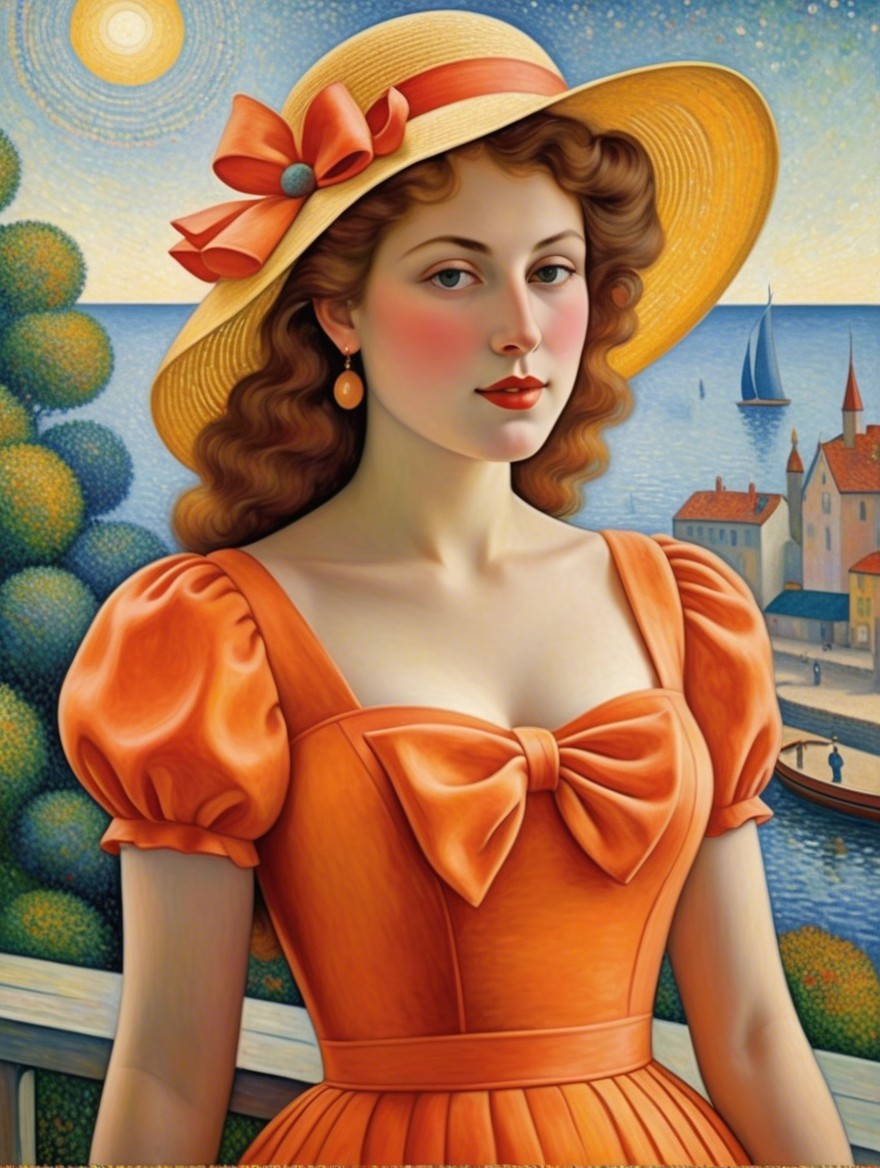Woman in Orange Dress at Serene Seaside Scene