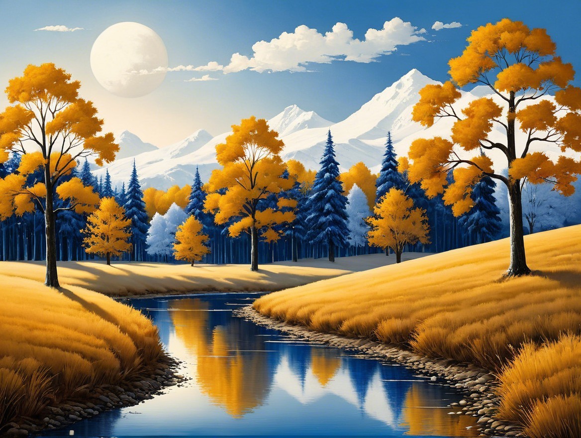 Autumn Landscape with Trees, River, and Mountains