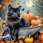 Fluffy Black Cat in Wheelbarrow with Pumpkins and Bats