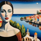 Striking Woman in Vibrant Landscape at Night