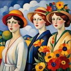 Elegant Women in Vintage Attire with Flowers