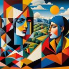 Stylized Birds in Abstract Colorful Landscape Art