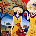 Elegant Women in Autumn Foliage with Vibrant Gowns