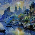 Tranquil River Landscape with Lush Trees and Towers