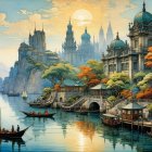 Vibrant Dreamy Landscape with Castles and Reflections