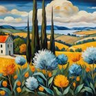 Vibrant Countryside Landscape with Cottages and Hills
