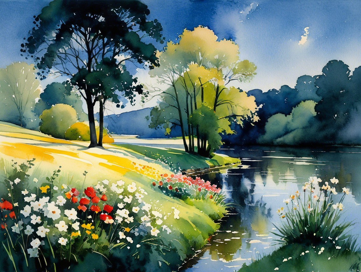 Watercolor Landscape of a Tranquil River Scene